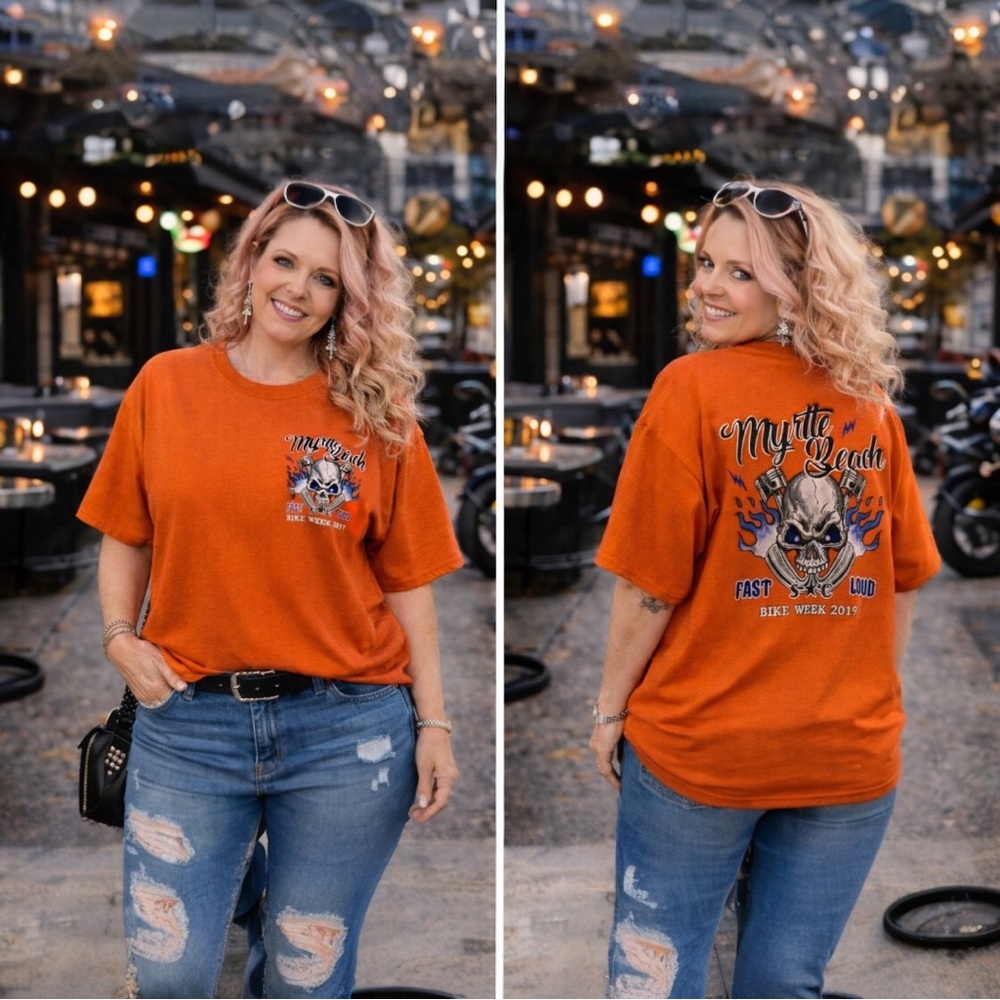 Orange Skull Graphic Biker Tee Myrtle Beach Bike Week 2019 Unisex L